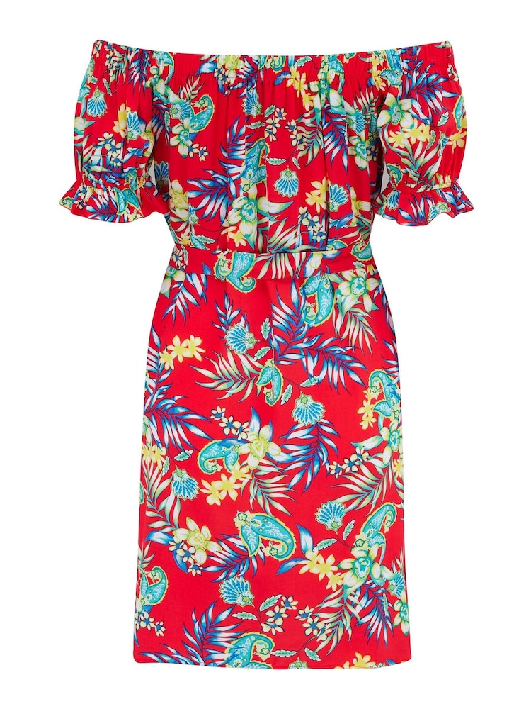 Pour Moi Red Woven Puff Sleeve Belted Bardot Dress - Image 5 of 5