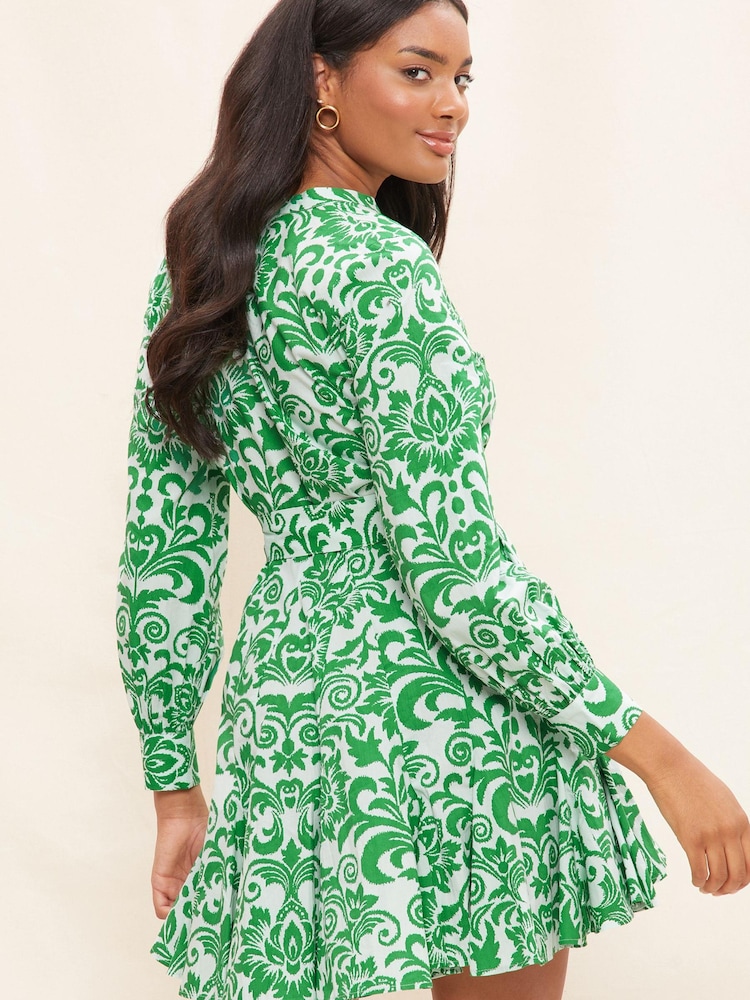 Friends Like These Green Paisley Godet Buckle Belted Long Sleeve Shirt Dress - Image 2 of 4 Friends Like These Green Paisley Godet Buckle Belted Long Sleeve Shirt Dress - Image 2 of 4