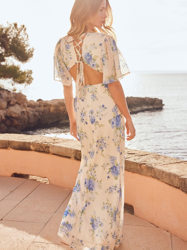 Friends Like These Cream Floral Chiffon Tie Back Maxi Dress - Image 2 of 4 Friends Like These Cream Floral Chiffon Tie Back Maxi Dress - Image 2 of 4