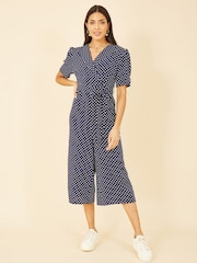 Yumi Blue & White Spot Print Retro Culotte Jumpsuit - Image 1 of 1