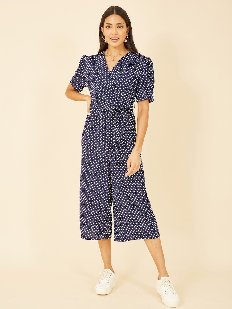 Yumi Blue & White Spot Print Retro Culotte Jumpsuit - Image 1 of 1 Yumi Blue & White Spot Print Retro Culotte Jumpsuit - Image 1 of 1