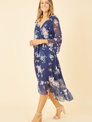 Blau/Mehrfarbig - Yumi Wickelkleid mit Blumenprint und verlängertem Saum hinten - Bild 1 von 5