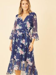 Blau/Mehrfarbig - Yumi Wickelkleid mit Blumenprint und verlängertem Saum hinten - Bild 2 von 5
