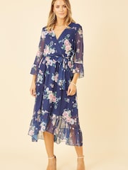 Blau/Mehrfarbig - Yumi Wickelkleid mit Blumenprint und verlängertem Saum hinten - Bild 3 von 5