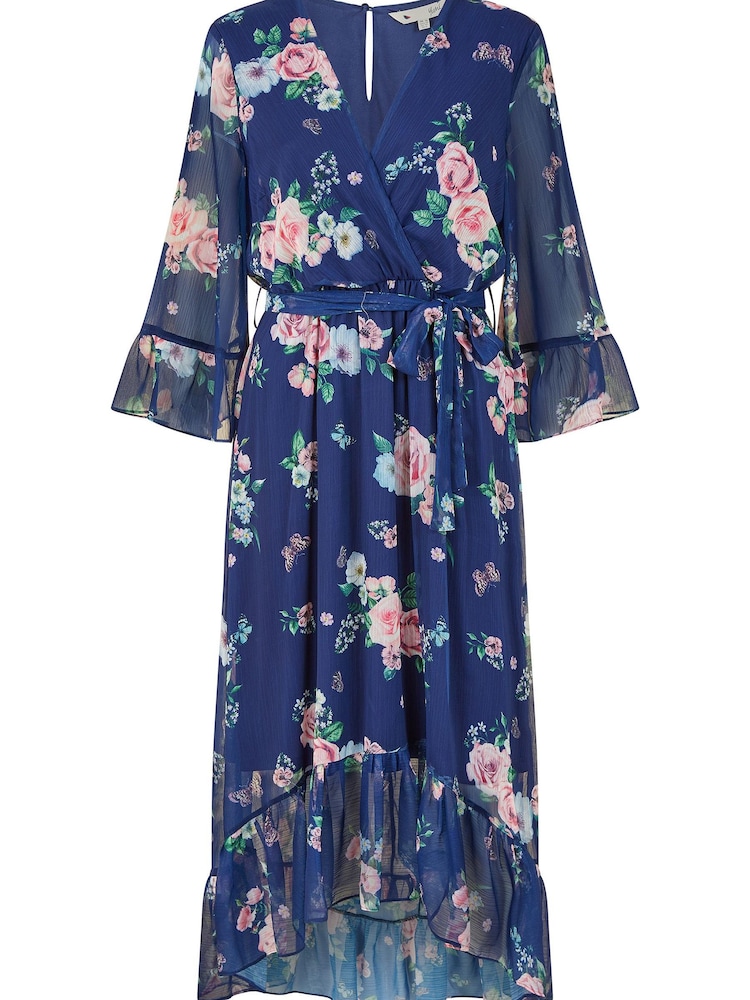Blau/Mehrfarbig - Yumi Wickelkleid mit Blumenprint und verlängertem Saum hinten - Bild 5 von 5