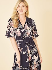 Yumi Black Multi Butterfly Print Kimono Sleeve Midi Dress - Image 1 of 5