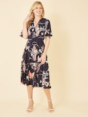 Yumi Black Multi Butterfly Print Kimono Sleeve Midi Dress - Image 2 of 5