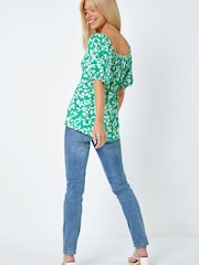 Dusk Green & White Floral Ruched Tie Detail Top - Image 2 of 5