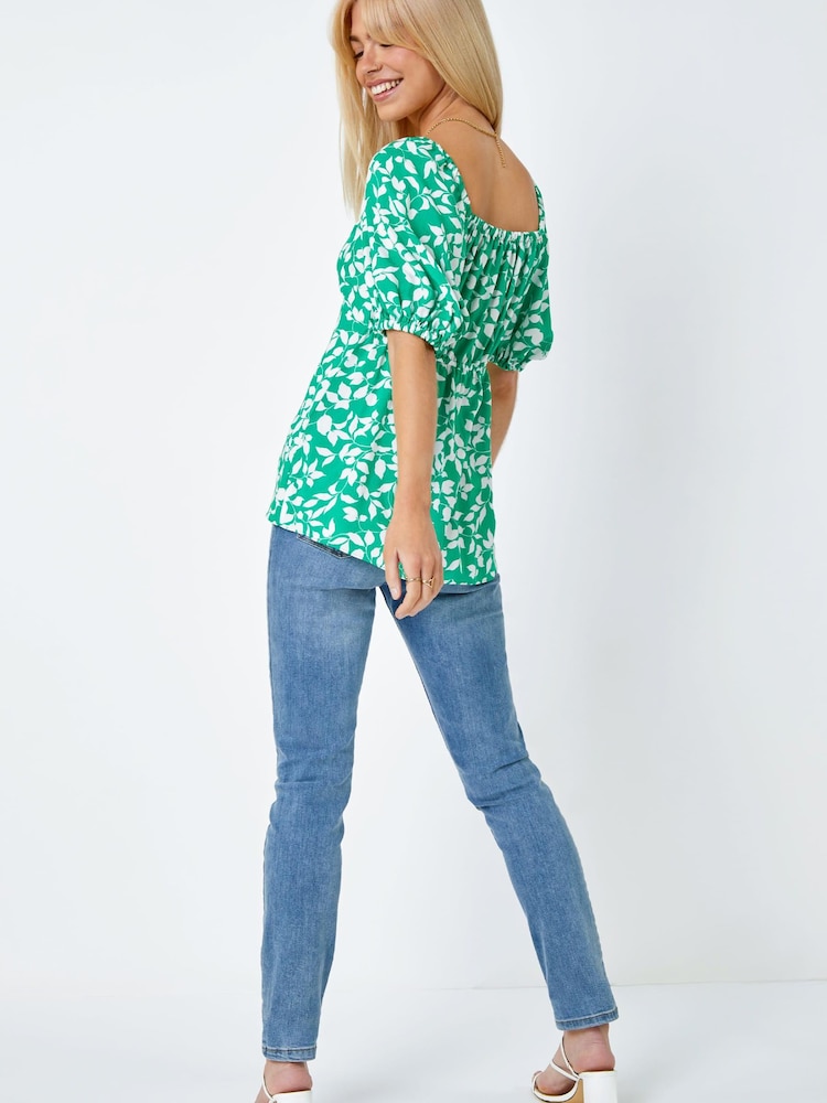 Dusk Green & White Floral Ruched Tie Detail Top - Image 2 of 5
