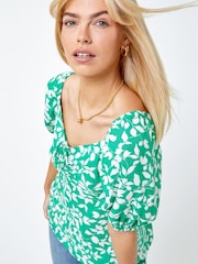 Dusk Green & White Floral Ruched Tie Detail Top - Image 4 of 5