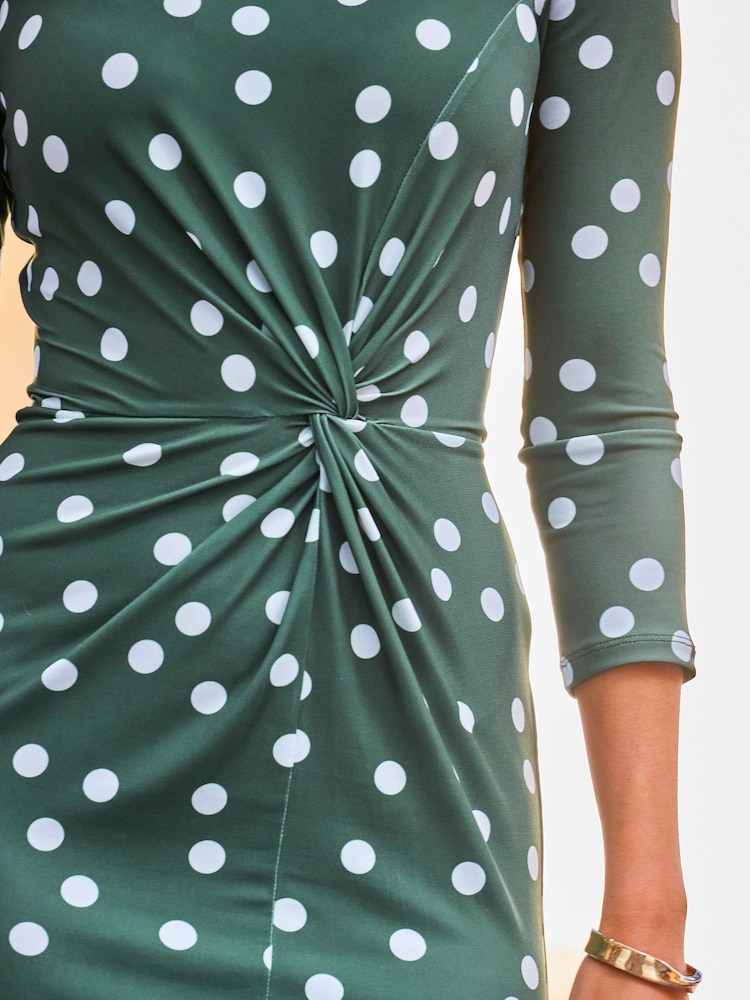 Sosandar Green Crew Neck Fluted Sleeve Knot Side Dress - Image 6 of 6