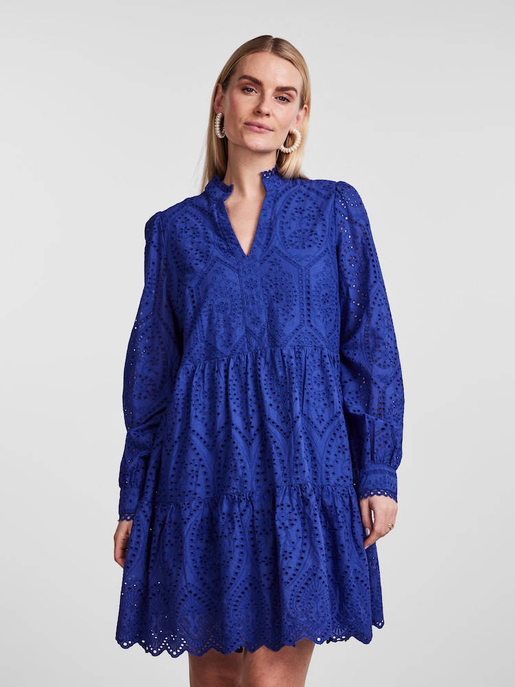 Y.A.S Cobalt Blue Broderie Long Sleeved Dress - Image 2 of 5