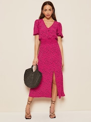 Friends Like These Pink V Neck Short Sleeve Shirred Waist Midi Dress - Image 1 of 4