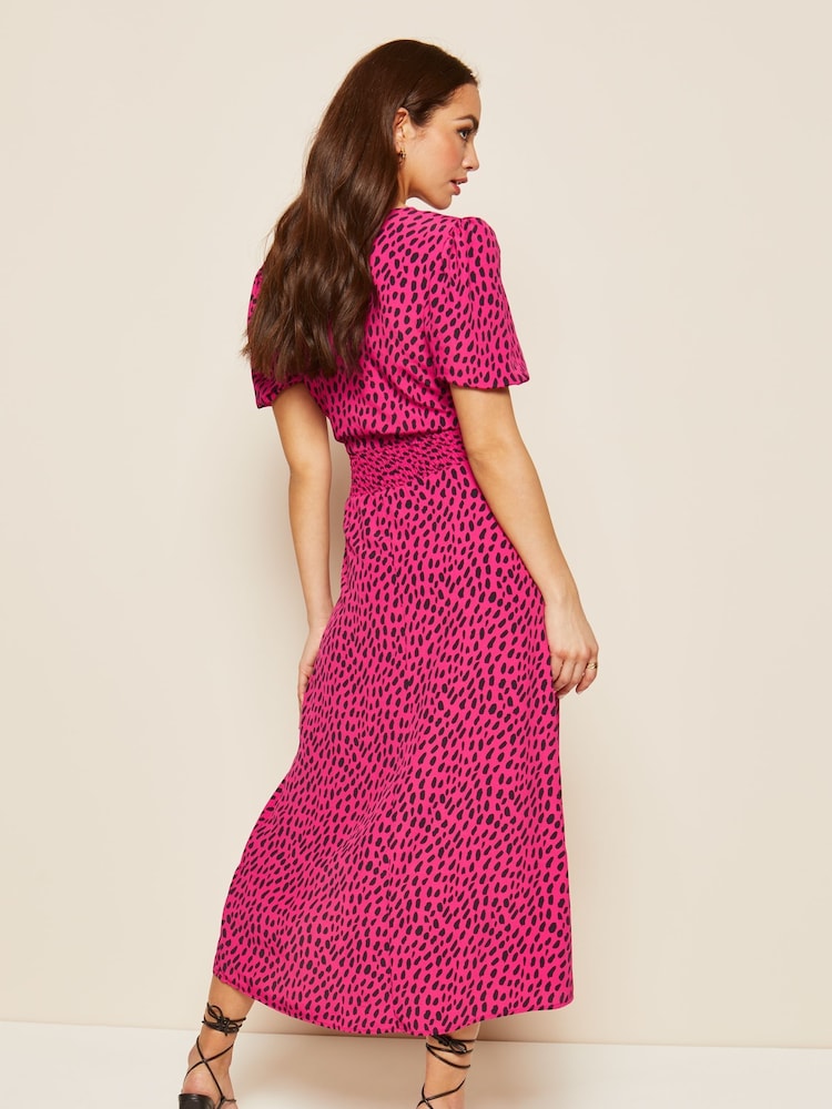 Friends Like These Pink V Neck Short Sleeve Shirred Waist Midi Dress - Image 2 of 4 Friends Like These Pink V Neck Short Sleeve Shirred Waist Midi Dress - Image 2 of 4