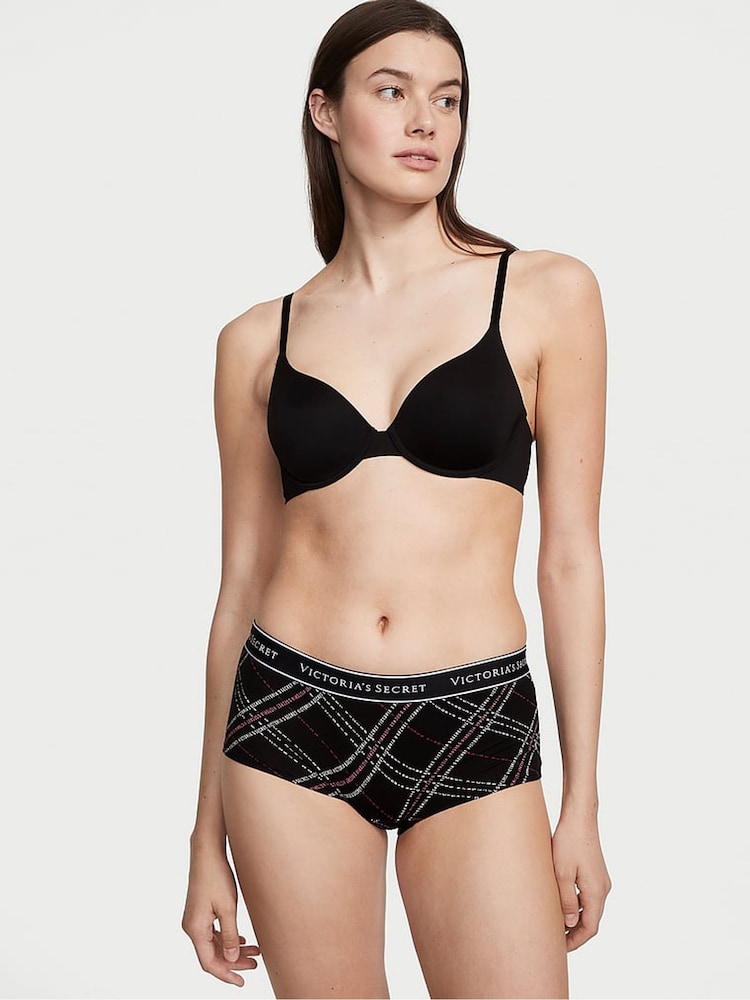 Victoria's Secret Black Logo Plaid Short Logo Knickers - Image 1 of 3 Victoria's Secret Black Logo Plaid Short Logo Knickers - Image 1 of 3