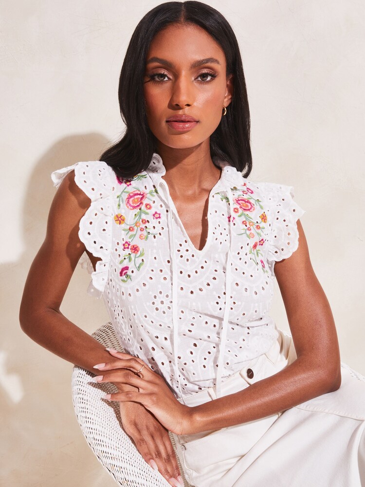 Lipsy White Embroidery Pretty Frill Neck Tie Ruffle Short Sleeve Shell Top - Image 1 of 4