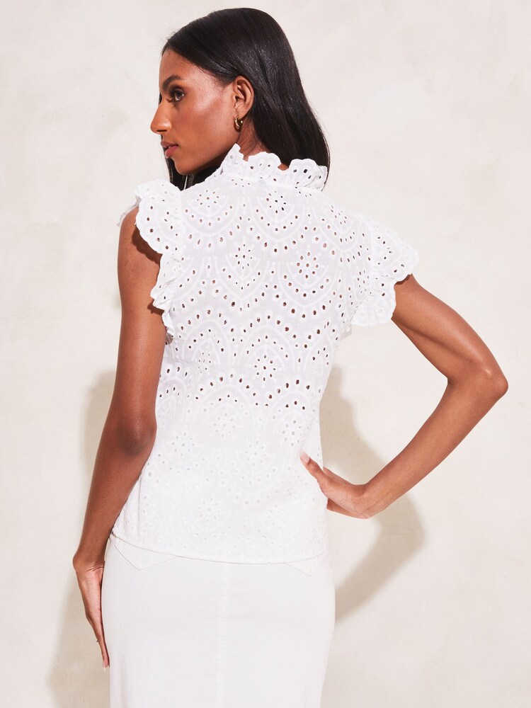 Lipsy White Embroidery Pretty Frill Neck Tie Ruffle Short Sleeve Shell Top - Image 2 of 4