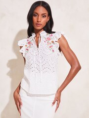 Lipsy White Embroidery Pretty Frill Neck Tie Ruffle Short Sleeve Shell Top - Image 4 of 4