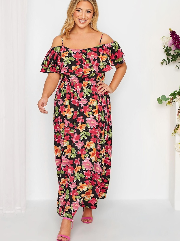 Yours Curve Black London Floral Cold Shoulder Maxi Dress - Image 1 of 5