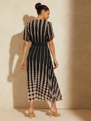 Love & Roses Black Spot Printed Tulip Sleeve Belted Pleated Midi Summer Dress - Image 3 of 4