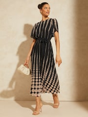 Love & Roses Black Spot Printed Tulip Sleeve Belted Pleated Midi Summer Dress - Image 4 of 4
