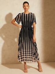 Love & Roses Black Spot Petite Printed Tulip Sleeve Belted Pleated Midi Summer Dress - Image 1 of 4