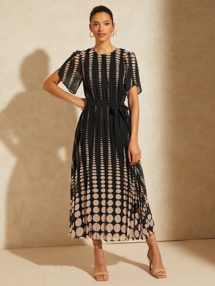 Love & Roses Black Spot Petite Printed Tulip Sleeve Belted Pleated Midi Summer Dress - Image 1 of 4