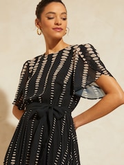 Love & Roses Black Spot Petite Printed Tulip Sleeve Belted Pleated Midi Summer Dress - Image 4 of 4