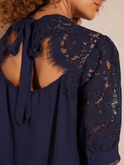 Love & Roses Navy Short Sleeve Lace Trim Bow Back Blouse - Image 2 of 4