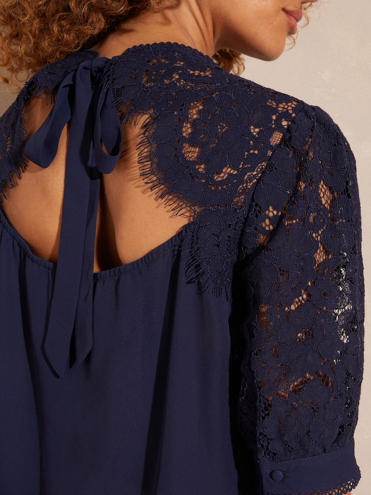 Love & Roses Navy Short Sleeve Lace Trim Bow Back Blouse - Image 2 of 4