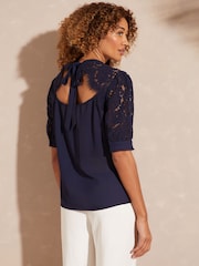 Love & Roses Navy Short Sleeve Lace Trim Bow Back Blouse - Image 3 of 4