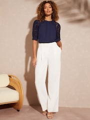 Love & Roses Navy Short Sleeve Lace Trim Bow Back Blouse - Image 4 of 4