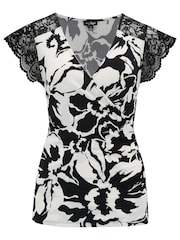 Pour Moi Black/ White Julie Slinky Recycled Jersey Lace Trim Wrap Top - Image 4 of 5
