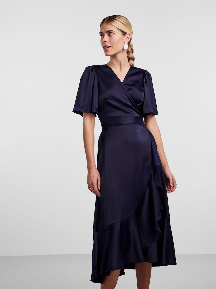 Y.A.S Navy Satin Short Sleeve Wrap & Ruffle Midi Occasion Dress - Image 2 of 5 Y.A.S Navy Satin Short Sleeve Wrap & Ruffle Midi Occasion Dress - Image 2 of 5