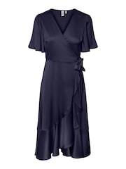 Y.A.S Navy Satin Short Sleeve Wrap & Ruffle Midi Occasion Dress - Image 5 of 5