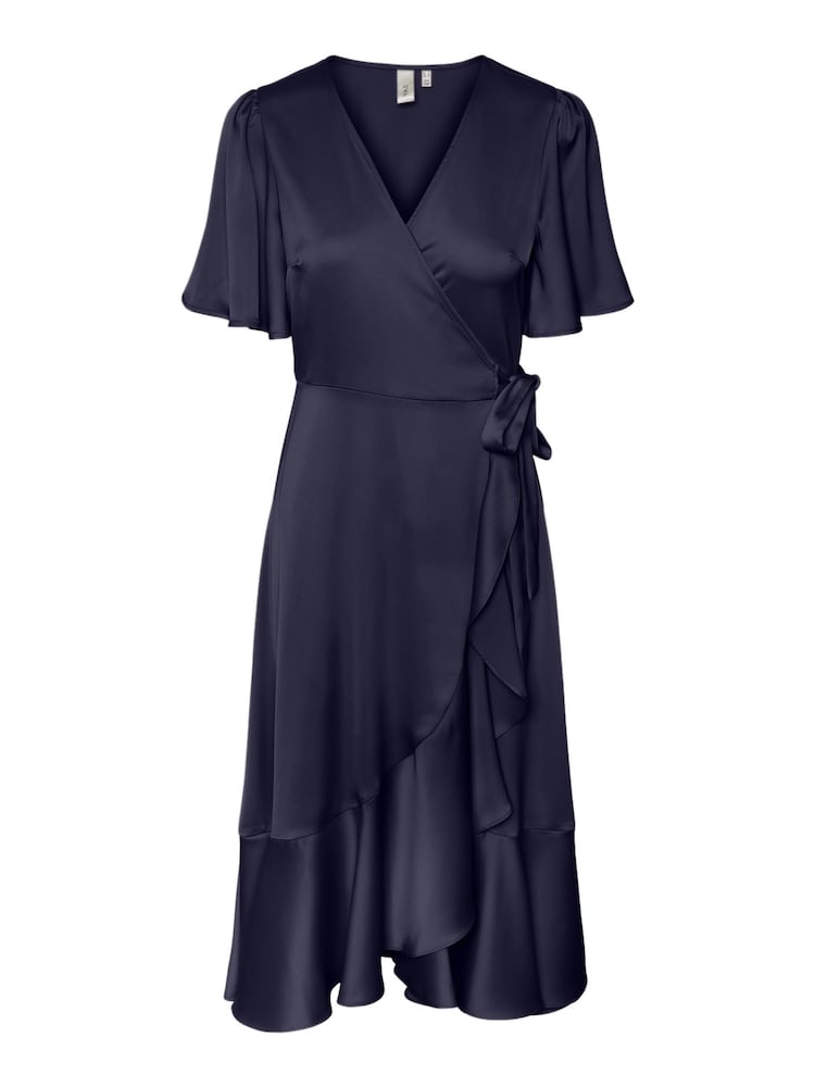 Y.A.S Navy Satin Short Sleeve Wrap & Ruffle Midi Occasion Dress - Image 5 of 5