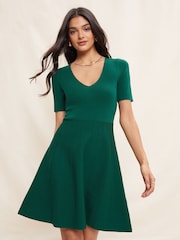 Friends Like These Green Short Sleeve Scoop Neck Knitted Fit and Flare Dress - Image 1 of 4