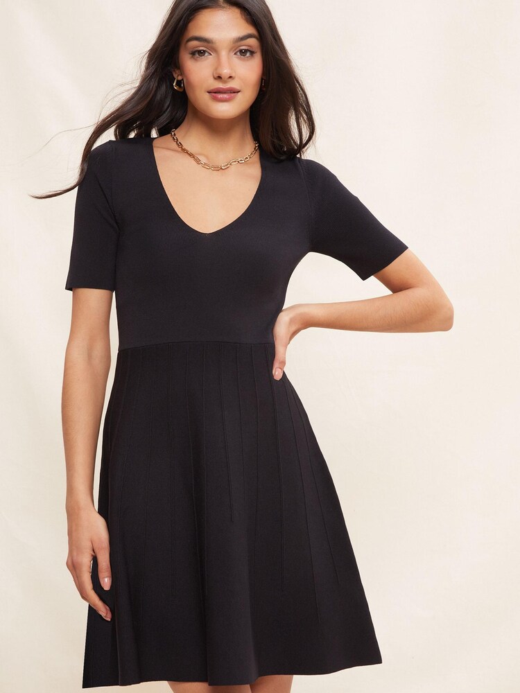 Friends Like These Black Petite Short Sleeve Scoop Neck Knitted Fit and Flare Dress - Image 1 of 4