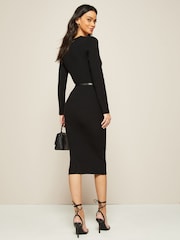 Friends Like These Jet Black Knitted Wrap Long Sleeve Belted Midi Dress - Image 2 of 4