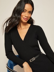 Friends Like These Jet Black Knitted Wrap Long Sleeve Belted Midi Dress - Image 4 of 4