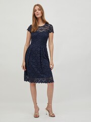 VILA Navy Blue Short Sleeve Lace Pleated Occasion Dress - Image 1 of 5