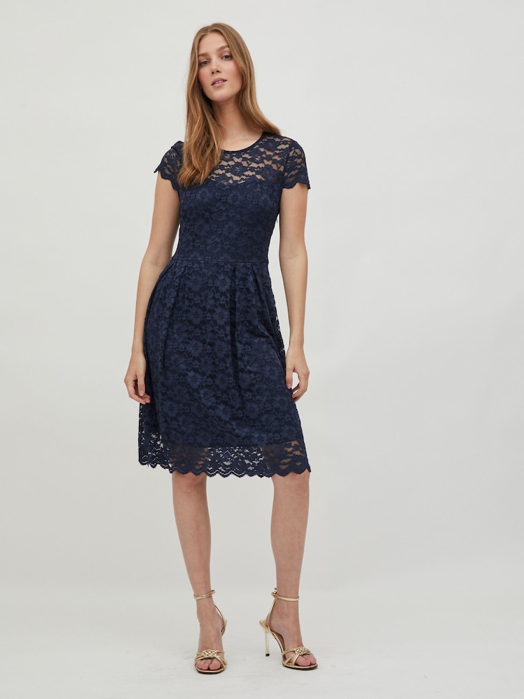 VILA Navy Blue Short Sleeve Lace Pleated Occasion Dress - Image 1 of 5