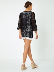 Roman Black Crochet V Neck 3/4 Sleeve Tunic Top - Image 2 of 5