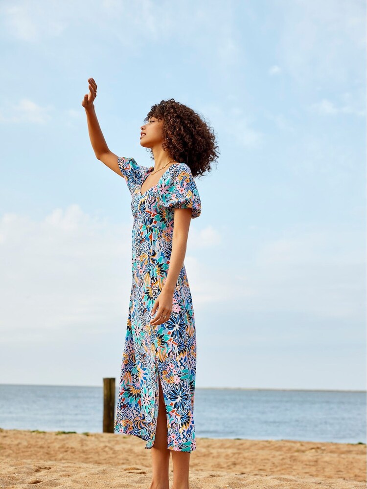 JDY Multi Abstract Printed Maxi Dress With Puff Sleeves - Image 1 of 1 JDY Multi Abstract Printed Maxi Dress With Puff Sleeves - Image 1 of 1