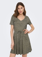 ONLY Curve Khaki Leopard Print V Neck Jersey T-Shirt Dress - Image 1 of 5