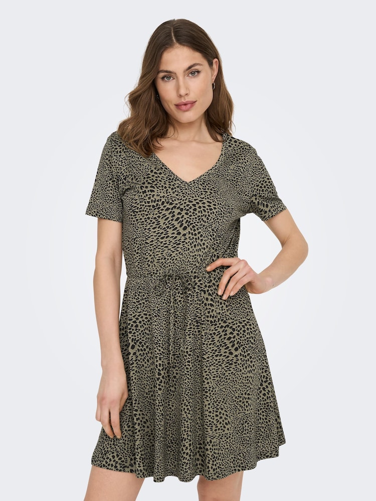 ONLY Curve Khaki Leopard Print V Neck Jersey T-Shirt Dress - Image 1 of 5