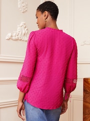 Love & Roses Pink Ruffle Neck Lace Trim Tie Cuff 3/4 Sleeve Dobby Spot Blouse - Image 3 of 4