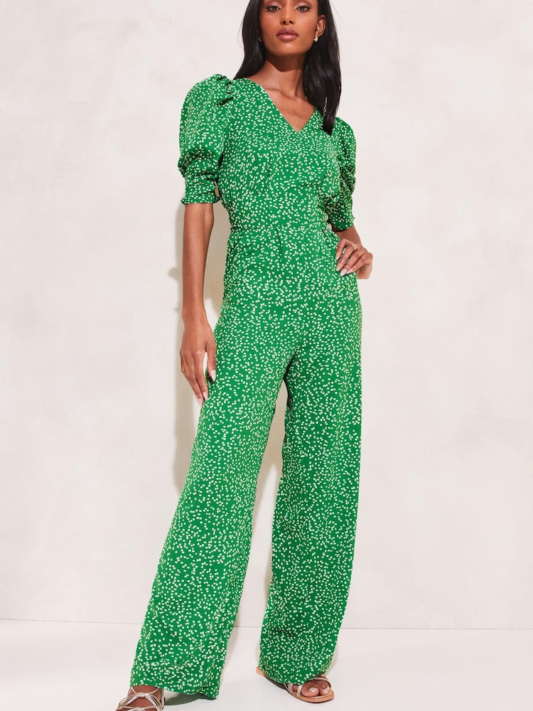 Lipsy Green Puff Sleeve V Neck Wide Leg Jumpsuit - Image 1 of 4 Lipsy Green Puff Sleeve V Neck Wide Leg Jumpsuit - Image 1 of 4