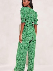 Lipsy Green Puff Sleeve V Neck Wide Leg Jumpsuit - Image 2 of 4