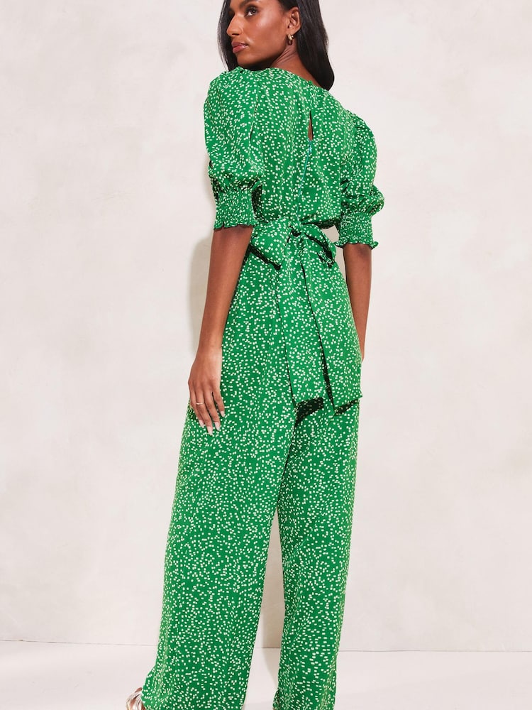 Lipsy Green Puff Sleeve V Neck Wide Leg Jumpsuit - Image 2 of 4